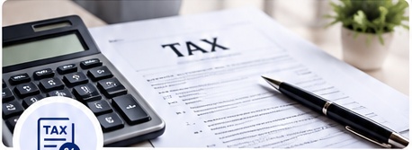 Tax documents, calculator and pen