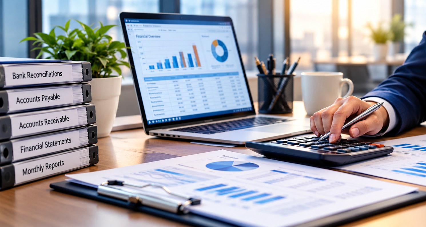 Laptop displaying financial reports and accounting charts